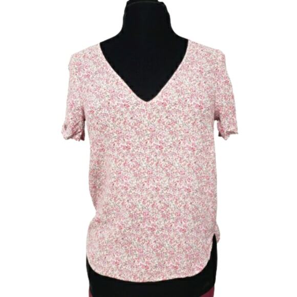 Pink and White Plunge V Neck Short Sleeve High Low Micro Floral Top Size 2 - Picture 1 of 8